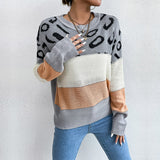 Women Knitted Sweater Autumn and Winter Long Sleeve Leopard Print Contrast Color Knitted Sweater