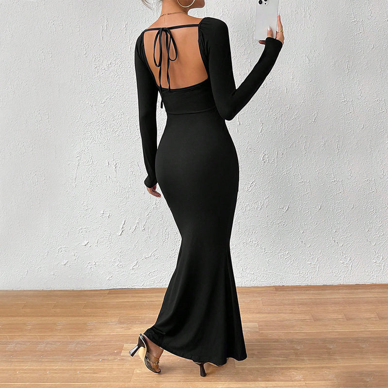 Women Dress U-Neck Slim Fit Long Sleeve Narrow Dress