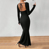 Women Dress U-Neck Slim Fit Long Sleeve Narrow Dress