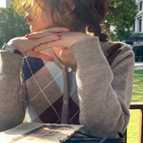 Women Knitwear Spring and Autumn Knitwear Vintage Diamond Plaid Loose Sweater Cardigan