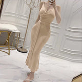 Women Dresses V-neck Skirt with Shoulder Straps Dress Hip Skirt