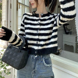 Women Knitwear Autumn Winter Retro Striped round Neck Sweaters Cardigan