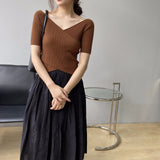 Women Knitted T-shirt V-neck Short-Sleeved Sweater Slim T-shirt