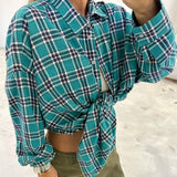 Women Trench Coat Retro Plaid Long Sleeve Shirt Casual Overshirt