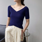 Women Knitted T-shirt V-neck Short-Sleeved Sweater Slim T-shirt