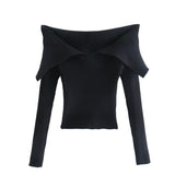 Women Sweater Knitwear Lapel Sweater Autumn Winter Sexy off-the-Shoulder Fold Collar Long Sleeve Sweater