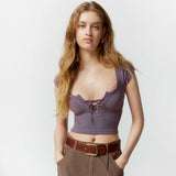 Women T-shirt Summer Square Collar Bare Midriff Slim Fit T-shirt Top