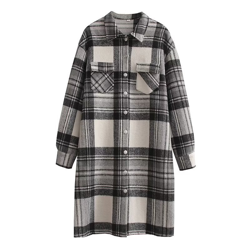 Women Woolen Coat Autumn and Winter Woolen Plaid Shirt Loose Casual Long Shirt Coat