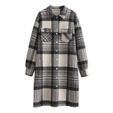 Women Woolen Coat Autumn and Winter Woolen Plaid Shirt Loose Casual Long Shirt Coat