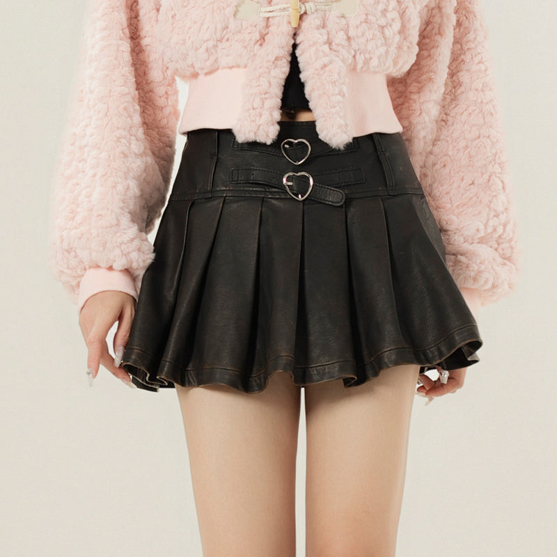 Women Skirt High Waist PU Leather Skirt Pleated Skirt