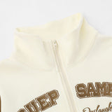 Women Jacket Letter Embroidered Coat Stand Collar Short Casual Zipper Cardigan Top