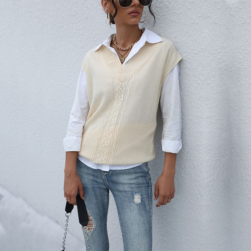 Women Knitted Sweater Autumn Casual Top Solid Color Cable-Knit Sweater Vest