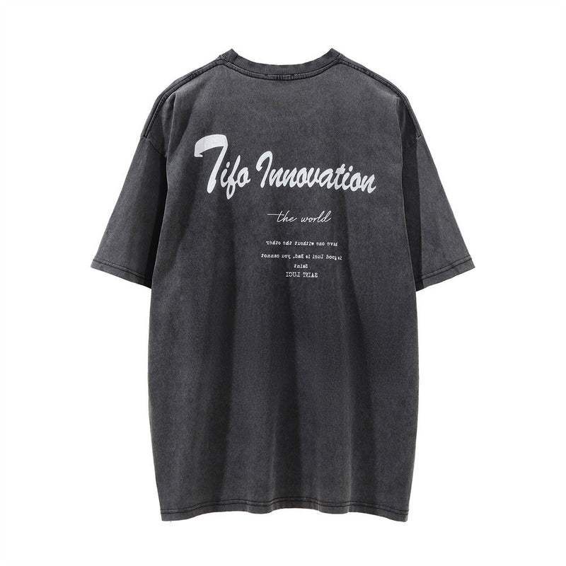Men Vintage T-Shirt Printed Short-Sleeved T-shirt Men's Ins Distressed round Neck Summer