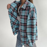 Women Trench Coat Winter Retro Plaid Long Sleeve Shirt Loose Casual Jacket