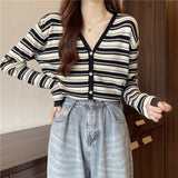 Women Knitwear Autumn Winter Retro Striped V-neck Sweaters Cardigan