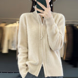 Women Knitted Cardigan Lapel Double Zipper Long Sleeve Women's Autumn and Winter Loose Knitted Coat