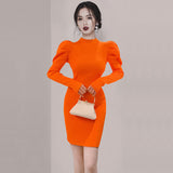 Women Maxi Dress Autumn and Winter Puff Sleeve Knitted Dress