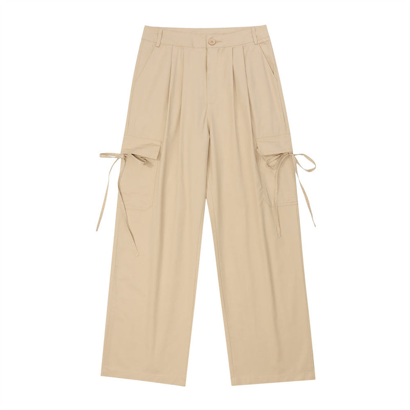 Women Pants Multi-Pocket Lace-up Overalls Loose Solid Color Casual Trousers Straight Wide-Leg Pants