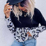 Women Knitted Sweater Autumn Stitching Long Sleeve Leopard-Print Sweater Loose