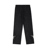 Men Sweatpants Embroidered Letter PU Leather Patchwork Casual Pants Straight-Leg Trousers Elastic Waist Wide Leg Pants