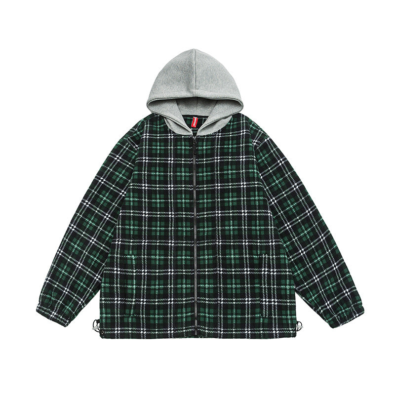Unisex Winter Cotton Coat Plaid Hooded Fleece Padded Coat Vintage Loose and Warm Cotton-Padded Coat