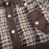 Women Jacket Houndstooth Fall Lapels Long Sleeve Stitching Leather Coat