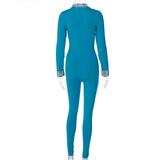 Women Jumpsuit Spring Lapel Zipper Slim Fit Long Sleeve Jumpsuit