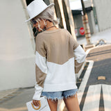 Women Knitted Sweater Long Sleeve V-neck Color-Block Sweater Autumn Top