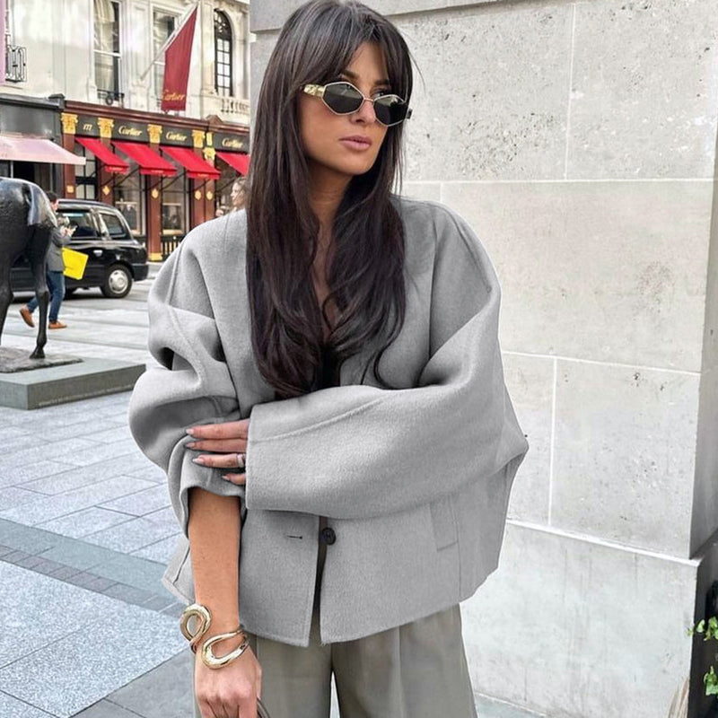 Women Trench Coat Vintage Woolen Short Coat Autumn and Winter Batwing Sleeve Casual Loose