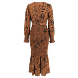 Women Date Dress Long Dress Leopard Print V-neck Belt Printed Fishtail Skirt