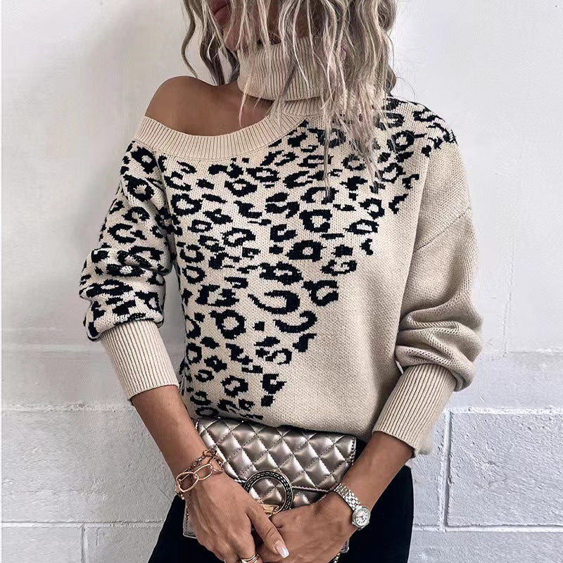 Women Knitted Sweater for Spring and Autumn Leopard Print Long Sleeve Women Shoulder-Baring Sweater