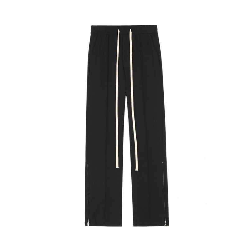 Men Sweatpants Zipper Slit Trousers Casual Pants Pure Color Elastic Waist Trousers Baggy Straight Trousers