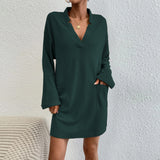 Women Dress Loose Casual Sexy V-neck Pocket Long Sleeve Dress Mini Dress