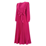 Women Date Dress Autumn and Winter V-neck Long Sleeve Pleated Dress