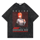 Washed retro T-shirt, chainsaw man cartoon print casual short sleeves