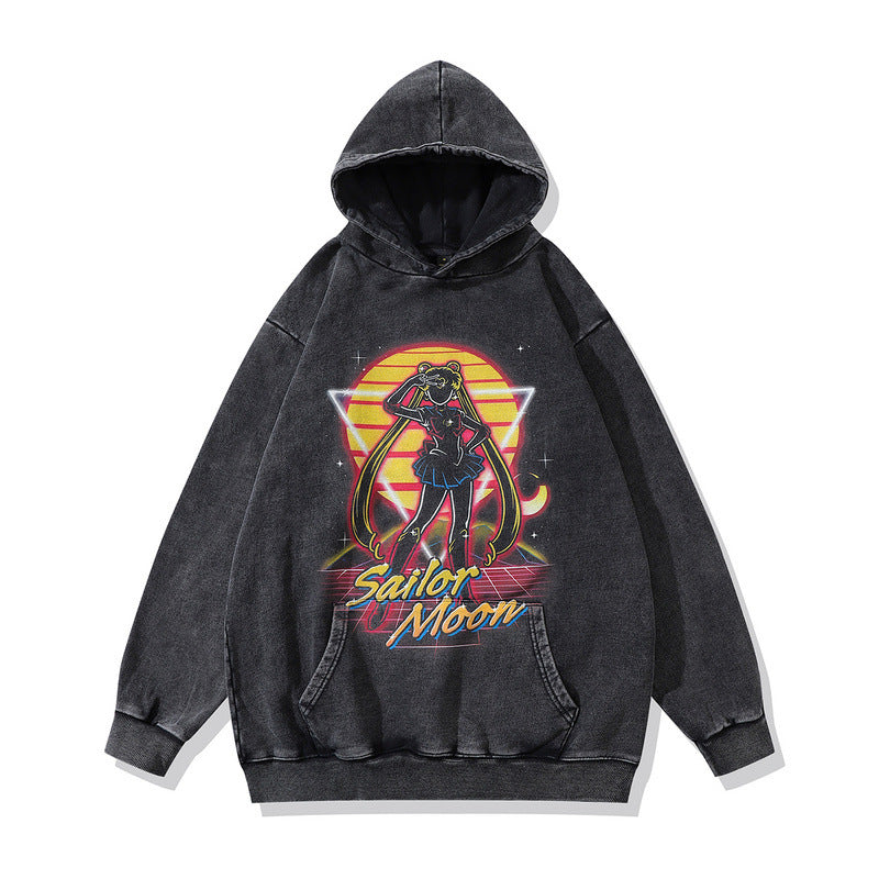 Men Hoodie Hip Hop Distressed Anime Print Casual Hooded Sweater