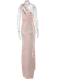 Women Evening Gown Sexy Backless Mesh Stitching Sequins Dress