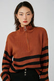 Women Sweater Knit Wear Zipper Striped Sweater Autumn and Winter Turtleneck Knitted Cardigan