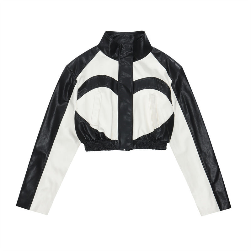 Women Jacket Stitching Contrast Color PU Leather Jacket Stand Collar Casual Long Sleeve Motorcycle Jacket