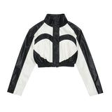Women Jacket Stitching Contrast Color PU Leather Jacket Stand Collar Casual Long Sleeve Motorcycle Jacket