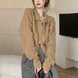 Women Knitted Cardigan Retro Plaid Double Zipper Lapel Knitted Cardigan Sweater Coat