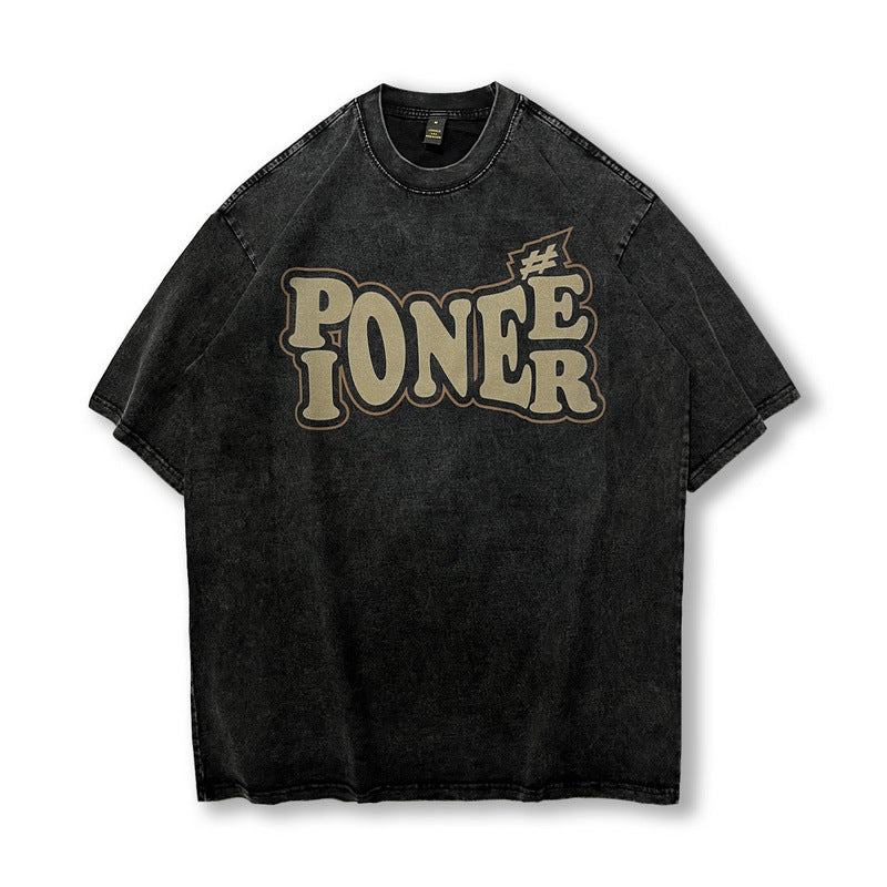 Men T Shirt Vintage Worn Looking Washed-out Letter Print Short-Sleeve T-shirt