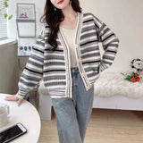 Women Knitwear Autumn and Winter Striped Sweater Loose Knitted Cardigan