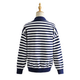 Women Sweater Knitwear Polo Collar Striped Knitted Cardigan Single-Breasted Sweater Coat