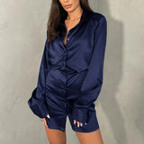 Women Dress Silk-like Matte Satin Shirt Dress