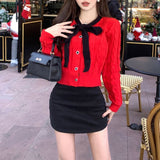 Women Knitwear Autumn and Winter Bow Twist O-neck Short Sweaters Cardigan