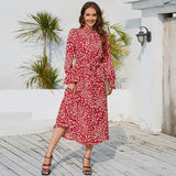 Women Date Dress Leopard Print Stud for Autumn and Winter Stand Collar Long Sleeve Dress Pleated Dress