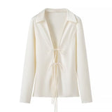Women Tops Summer Lace-up Shirt V-neck Top