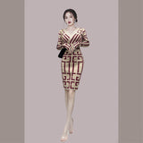 Women Maxi Dress Autumn and Winter Long Sleeve Plaid V-neck Sweaters Sheath Dress