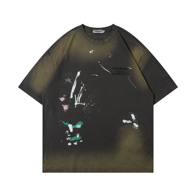 Men T Shirt Vintage Splash Ink Gradient Printing Short Sleeve T-shirt